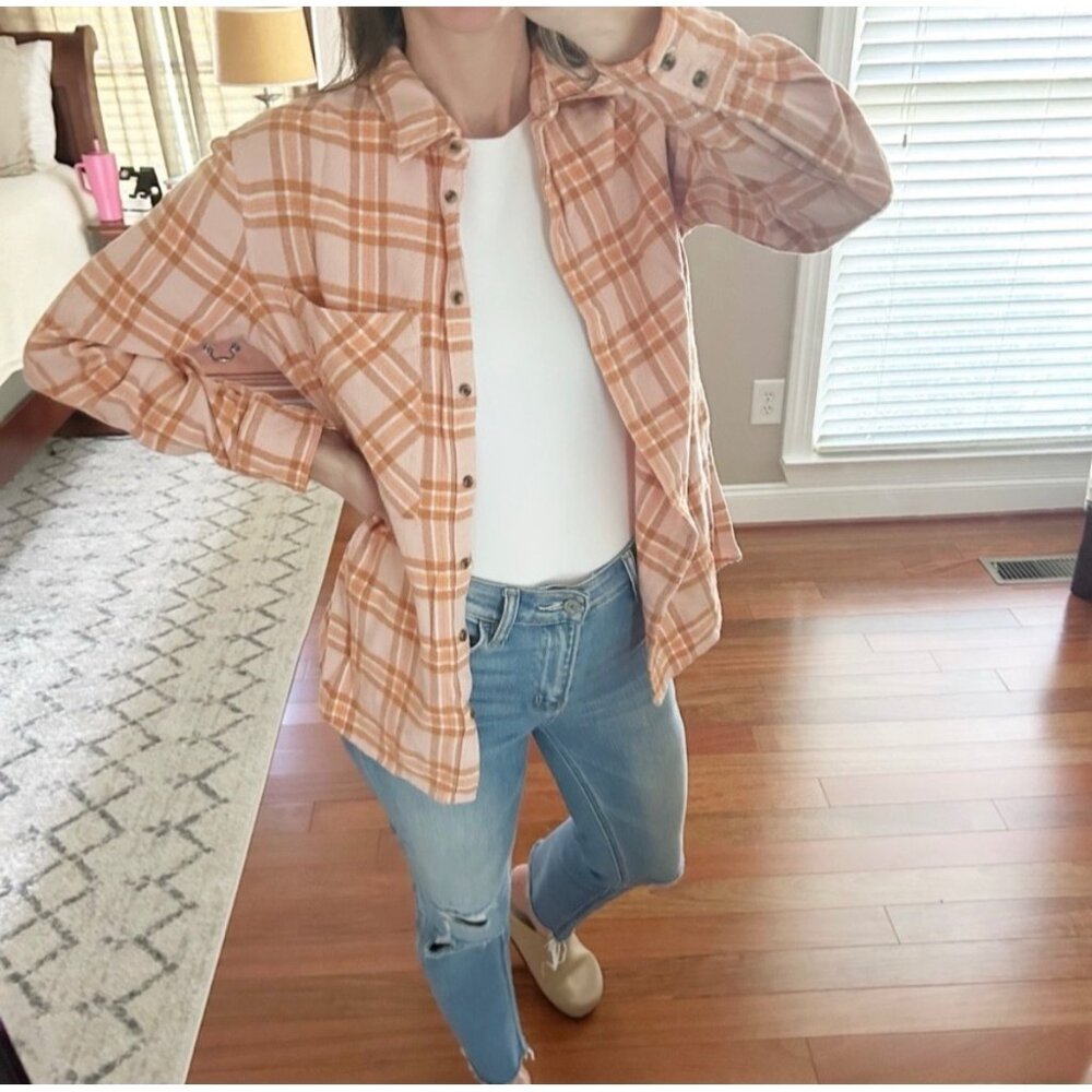 Aerie‎ Plaid Flannel Button Down Shirt Relaxed Pink Orange Size XS Women's